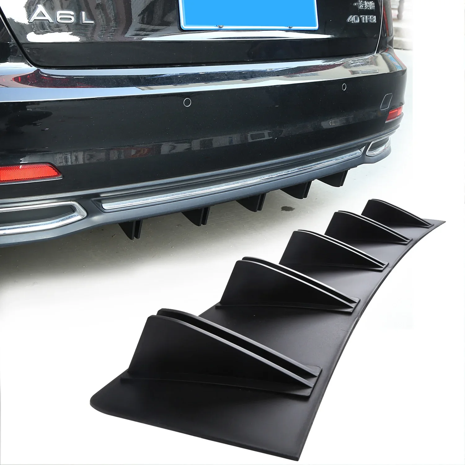 Automotive universal rear bumper spoiler, 5-wing dual spoiler, segmented and split combination spoiler, shark fin deflector