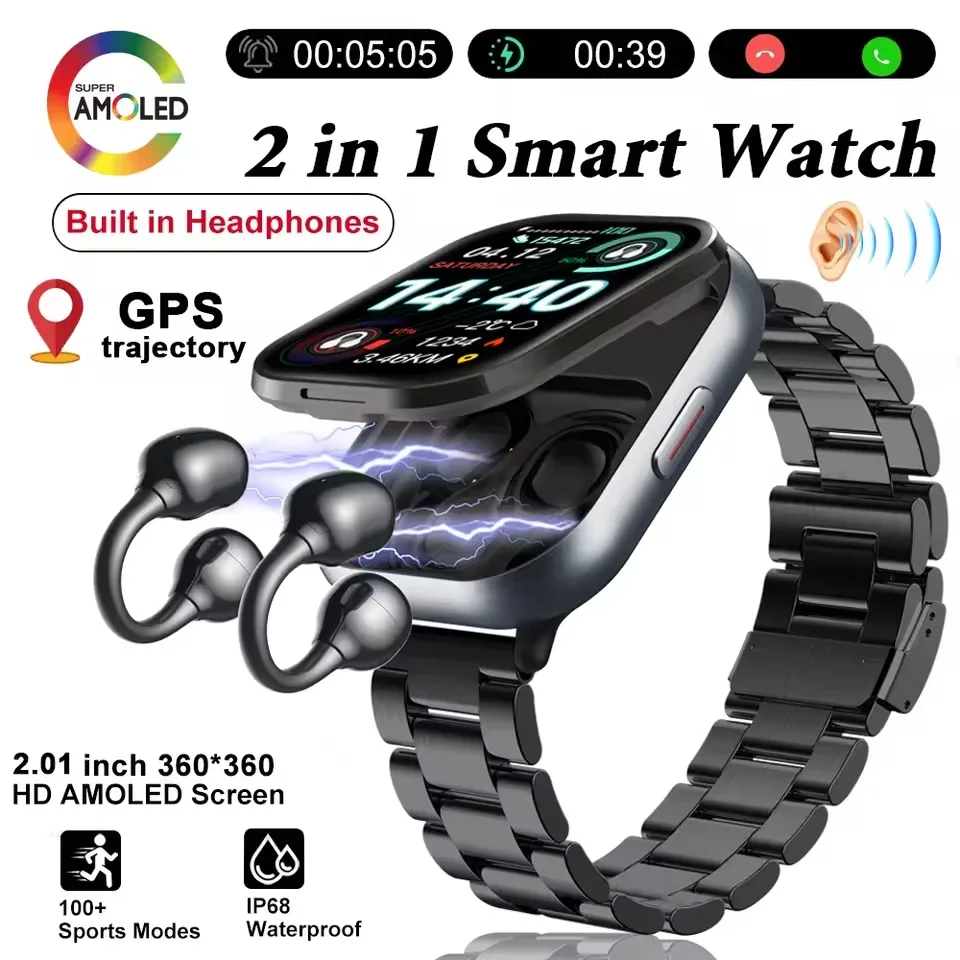 

New 2 in 1 Smart Watch With Earbuds D12 Bluetooth Wireless Headset 2.01" Screen Health Sports Motion Detection For iOS Android