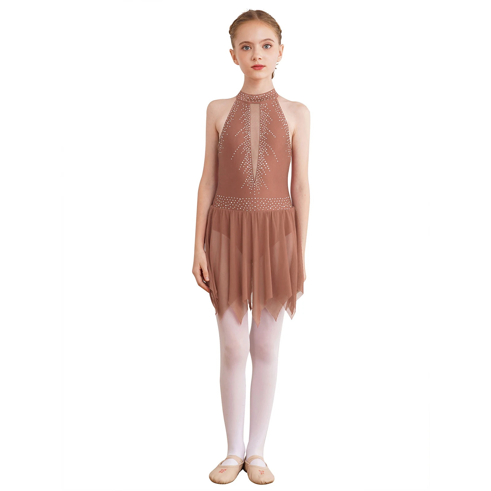 Kids Girls Figure Ice Skating Dance Dress Sleeveless Shiny Rhinestone Mesh Leotard Tutu for Ballet Gymnastics Lyrical Dancing