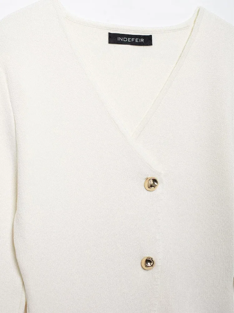LIBIELIY 2024 New Women's Clothing European And American Style Fashion Simple Gold Button Asymmetric V-neck Knitted Jacket