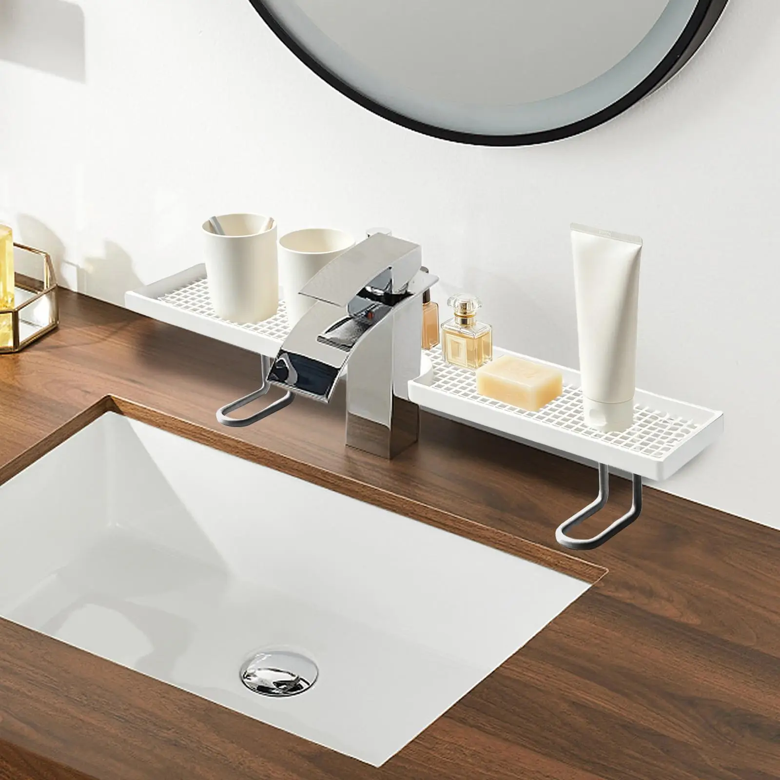 New Over Faucet Shelf Bathroom No-Drill U Shape Quick Drainage Bathroom Over Sink Shelf for Toothbrushes Cups Cosmetics
