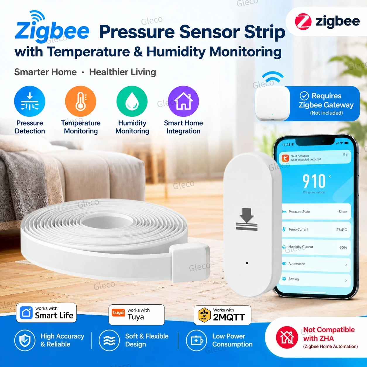 2in1 Zigbee Tuya Pressure Occupancy Sensor Mat With Temperature Humidity Monitoring Smart Life For Sleep Automation Elderly Care