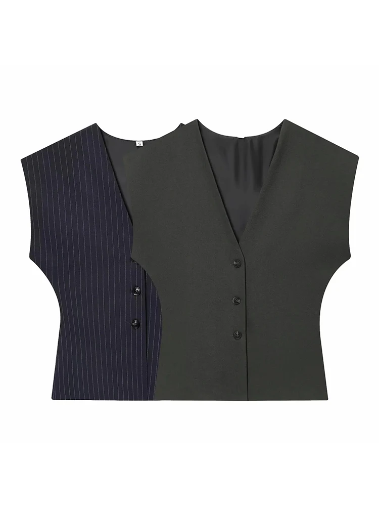 Women Fashion 2-Piece Set Single-breasted Sleeveless V-Neck Pinstripe Vest+Summer Pleated Loose Pocket Belt Zipper Pants view 5