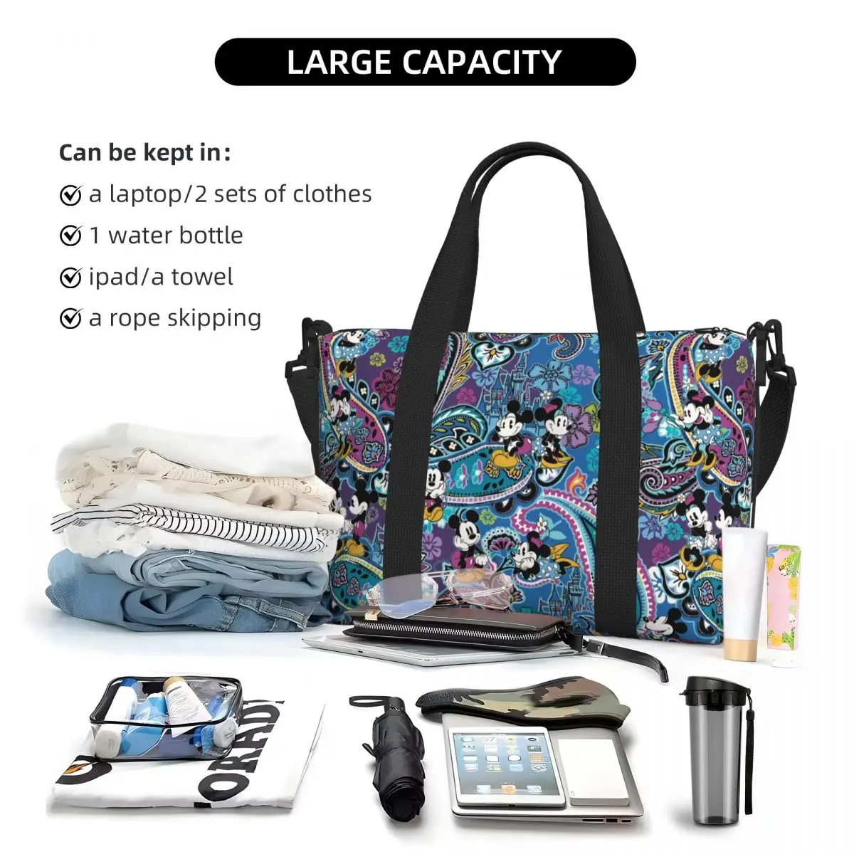 Bolso de mano grande personalizado de Mickey Mouse para mujer, bolsa de viaje de Cachemira, hombro Shopper, gimnasio, Playa