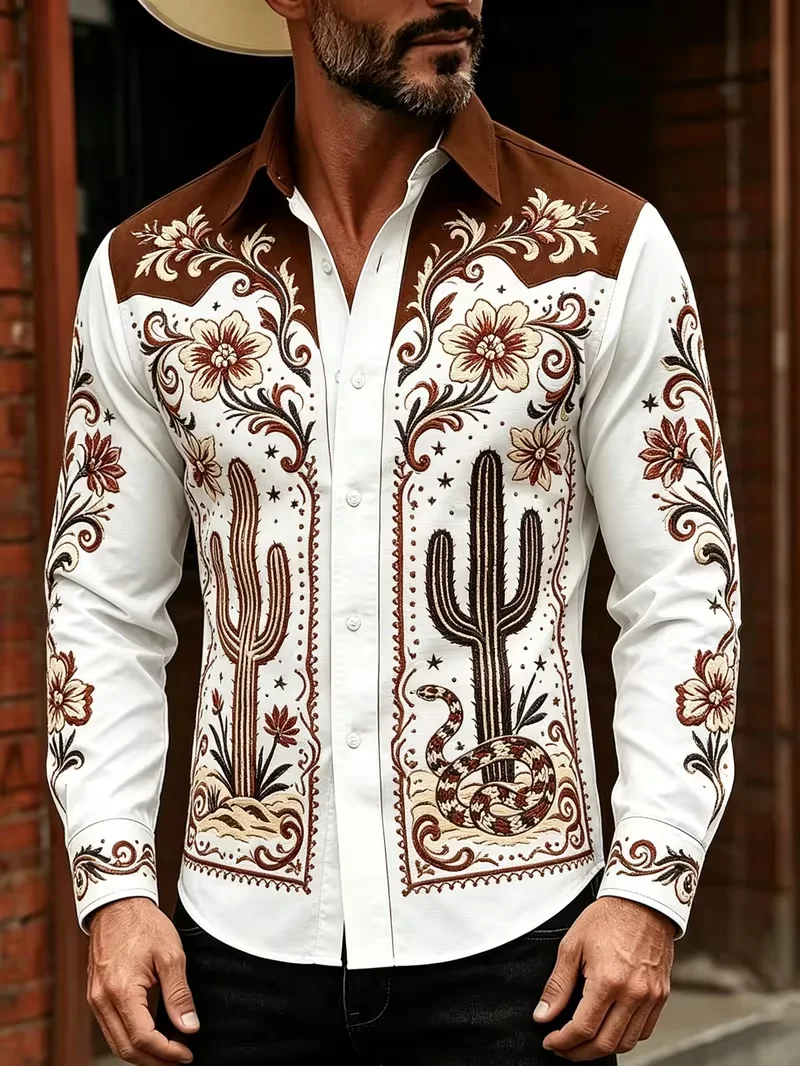 New Men's Flame Nine Tailed Fox Flower Totem Composite Printed Long Sleeve Shirt Smooth Satin Collar Top