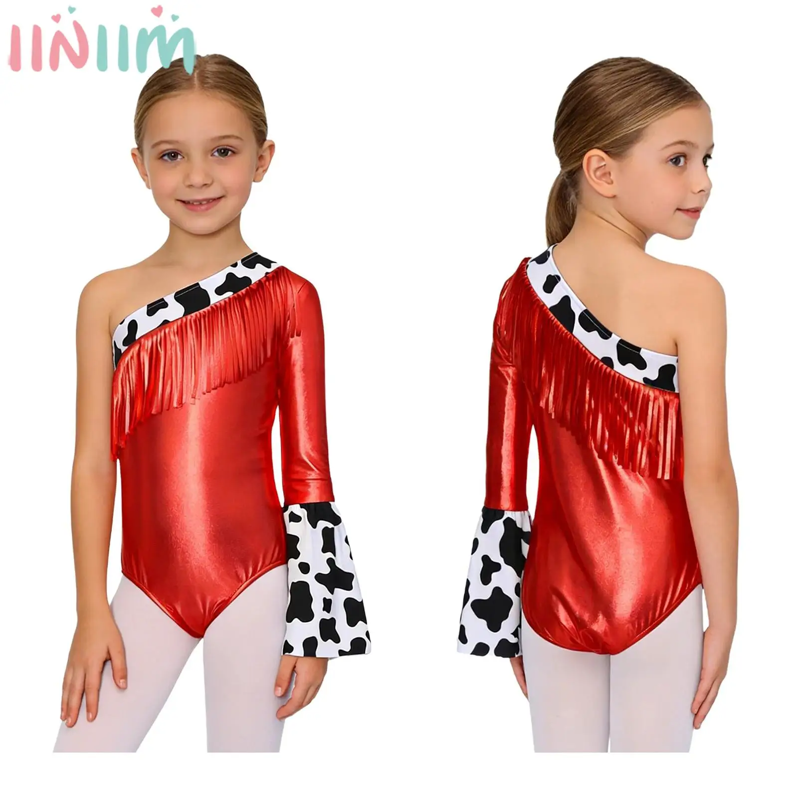 Girls Halloween Carnival Theme Party Western Cowgirl Cosplay Costume One Shoulder Fringe Metallic Bodysuit Gymnastics Leotard