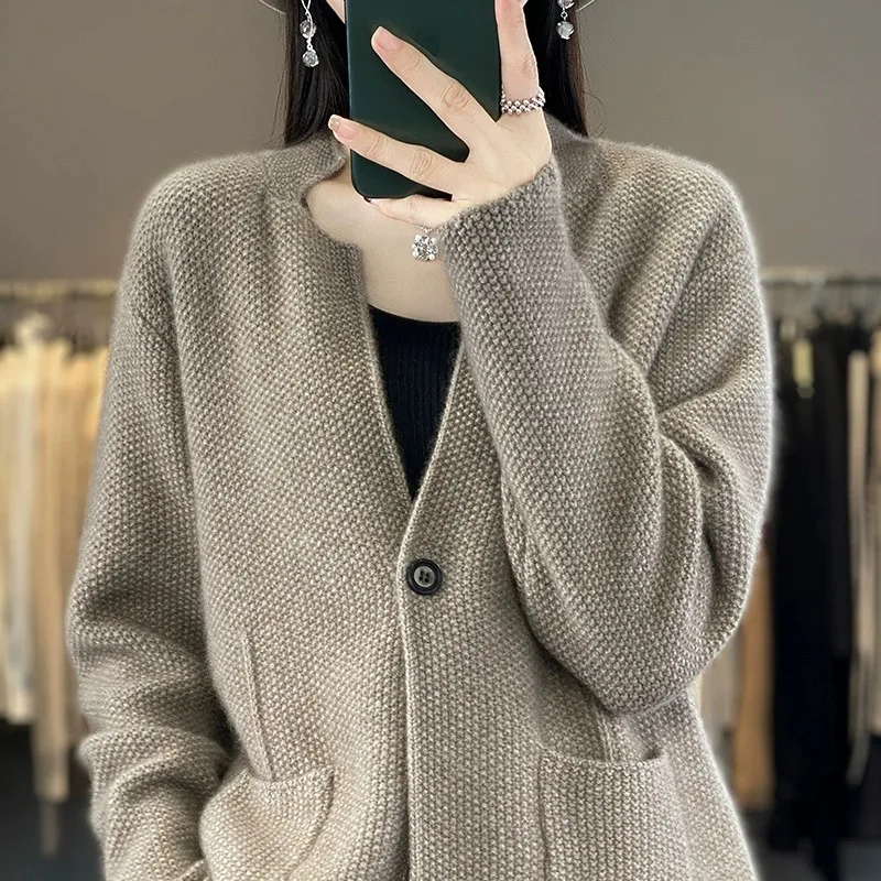 Autumn and winter round neck vintage 100% cashmere sweater long sleeve floral yarn cardigan women loose lazy wool knit coat top