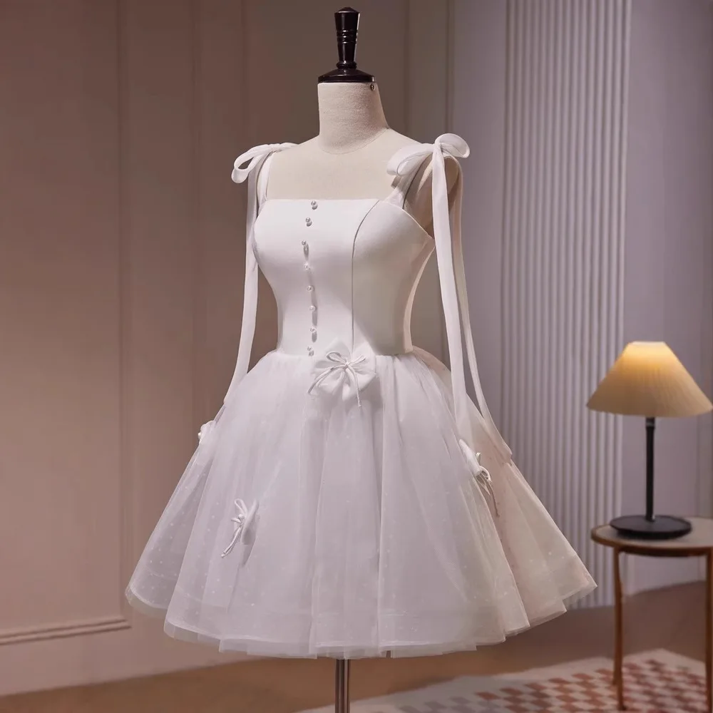 Temperament Socialite Birthday Party Dresses Sleeveless Lace-Up Straps 3D Bow High Waist Mesh Fluffy White Wedding Dress Women