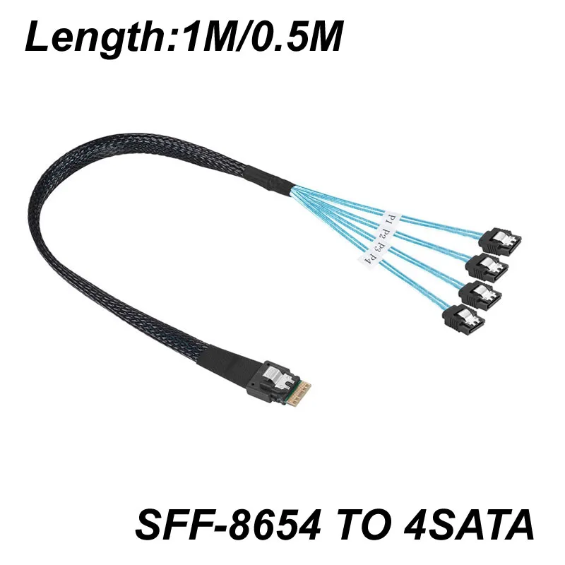 1M/0.5M Mini Slim Line SAS 4.0 SFF-8654 4i 38pin Host to 4 SATA 7pin Target Hard Disk Fanout Raid Cable