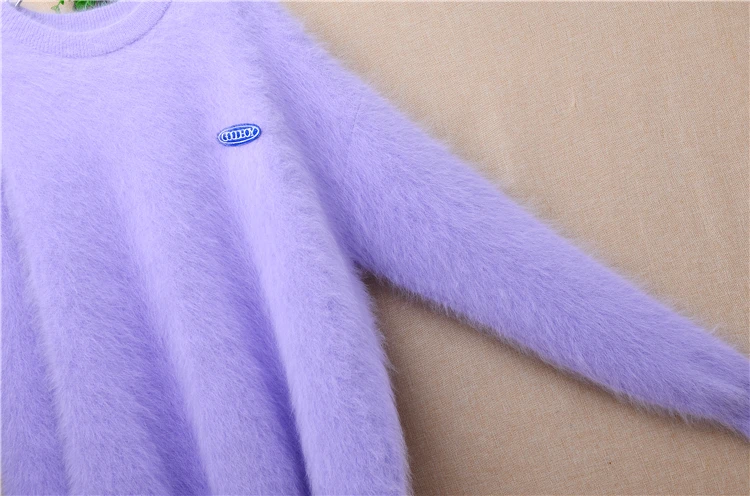 Ladies Women Fall Winter Clothing Purple Hairy Mink Cashmere Knitted O-Neck Long Sleeve Loose Pullover Angora Fur Jumper Sweater