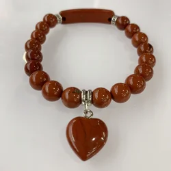 8mm Natural Stone Crystal Bracelets Love Heart Beaded Bracelet for Women Red Jasper Red Agate Charms Stretch Bracelet