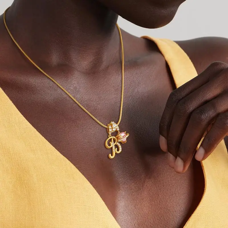 Cadena de serpiente de acero inoxidable chapada en oro de 22 quilates, alfabeto inicial CZ, collar con colgante de corazón rosa para niñas y mujeres, joyería personalizada