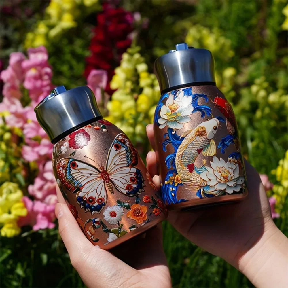 Stainless steel insulated water bottle with mini vacuum cup - vibrant floral and koi designs, perfect for travel and carrying