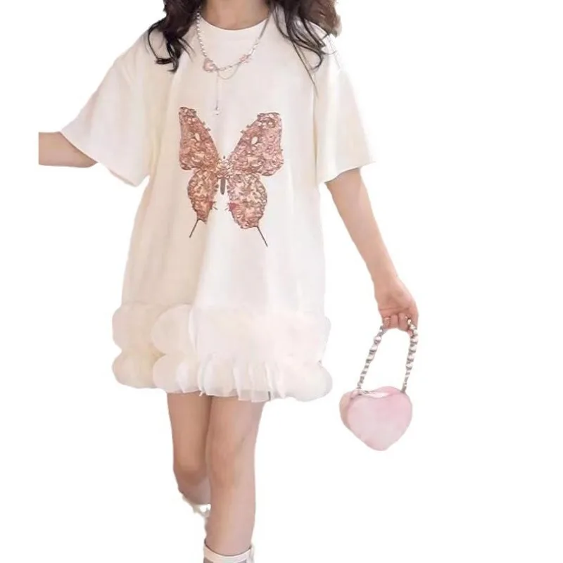 Girl's Sparkling Butterfly T-shirt Skirt 2024 Summer Printed Long Skirt Children's Summer Dress Girls Clothes Vestido Niña image 5