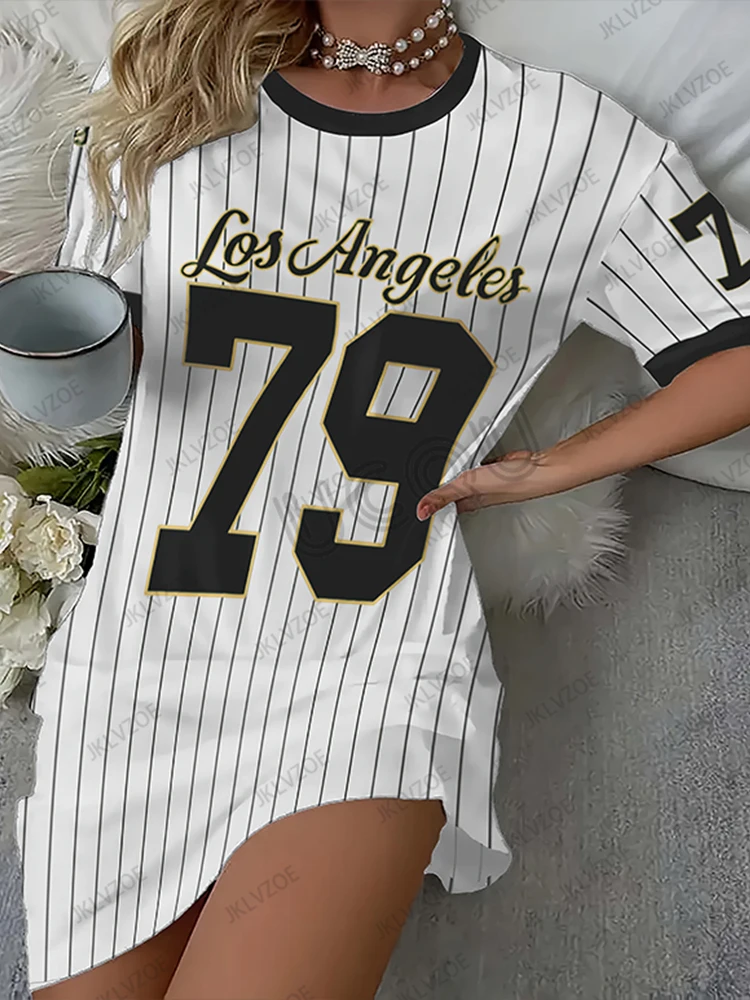 Nouveau Arriavl été rayure Los Angeles 79 imprimé femmes à manches courtes T-shirt robe Hawaii vacances décontracté sport mode robe