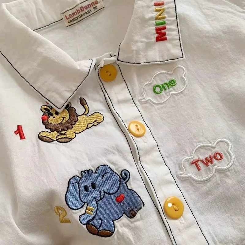 New Japanese style Boys cartoon embroidery white Shirt Kids turn-down collar short sleeve casual Tops