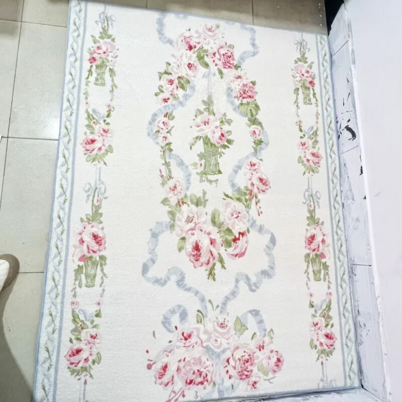 French Pastoral Style Plush Bedside Rugs For Bedroom Vintage Carpet Pink Doormat Non-Slip Home Decoration 120x160cm