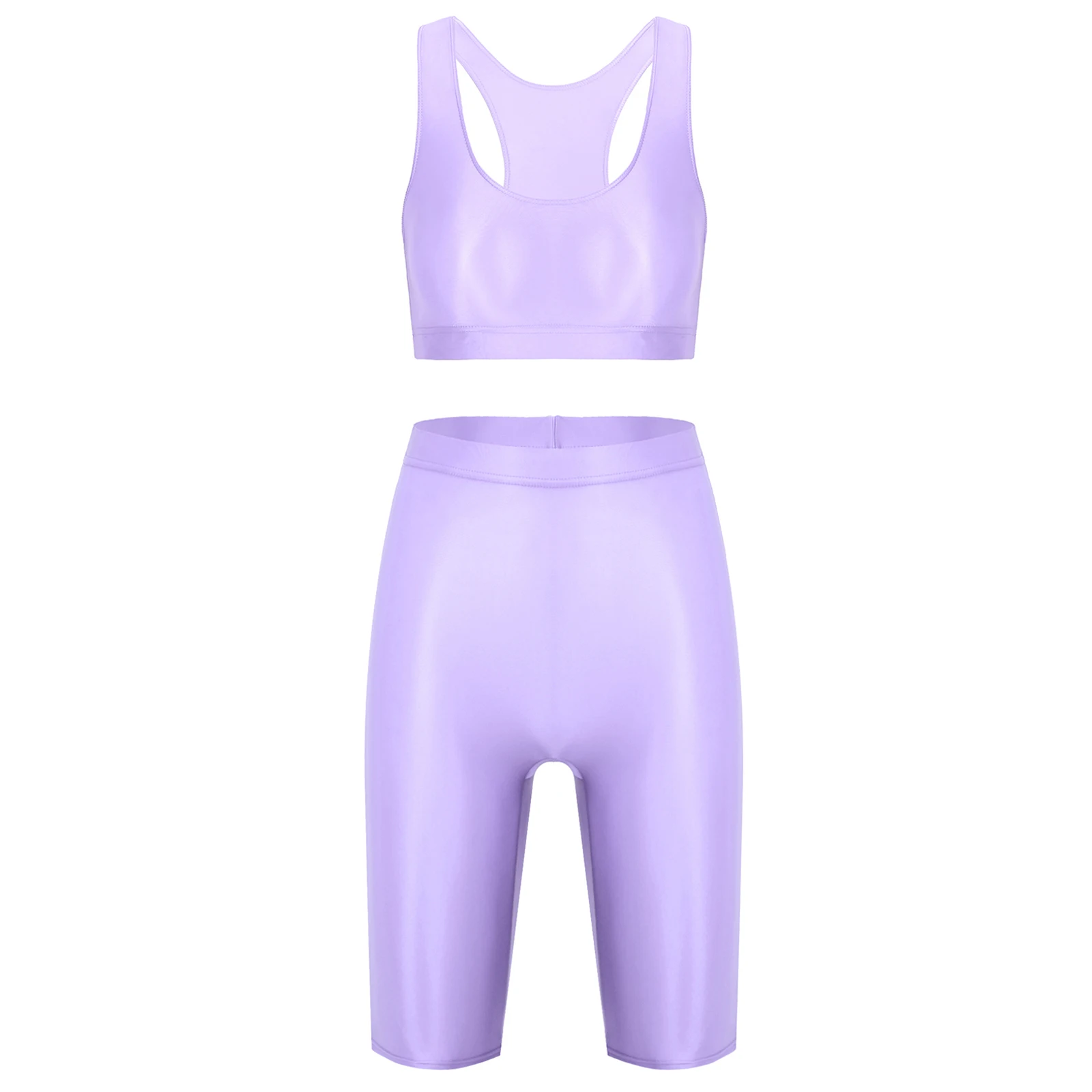 Women\'s Gymnastics Swimsuit Swimwear Two-piece Rave Outfit Sportwear Glossy U Neck Sleeveless Crop Tank Top High Waist Shorts