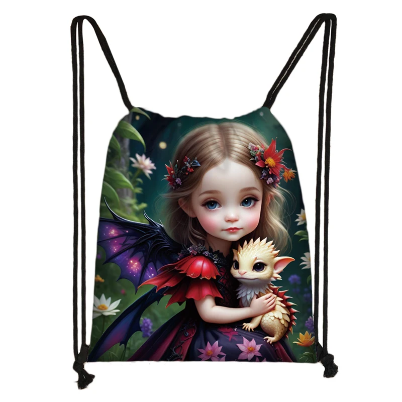 Gothic Cartoon Girl Backpack Women Drawstring Bag Girl Shoulder Bags for Travel Ladies Portable Storage Bag Shoes Holder