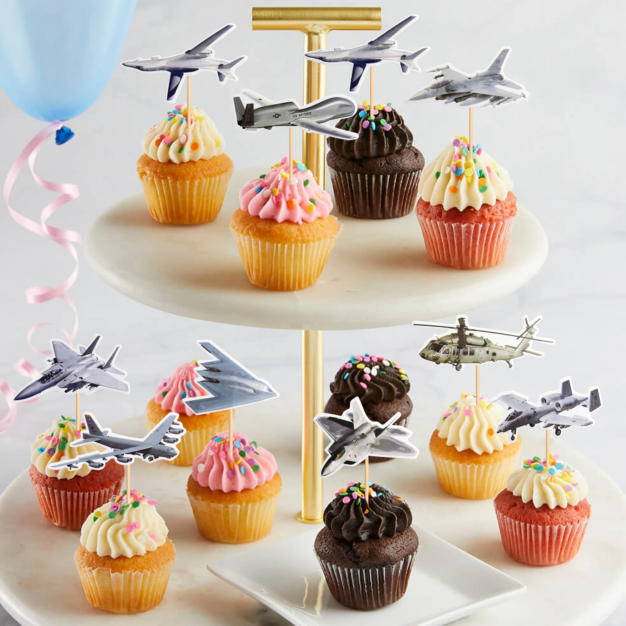 9-teiliges Flugzeug-Party-Tortendeko-Set, Geburtstagstorten-Topper, Kampfpiloten-Militärthema, Kindergeburtstag, Babyparty-Dekoration – Detail 2