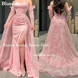 Strapless Mermaid Evening Dresses For Prom With Sequins Tulle Long Tail Long Sleeves Party Formal Dresses vestidos de fiesta