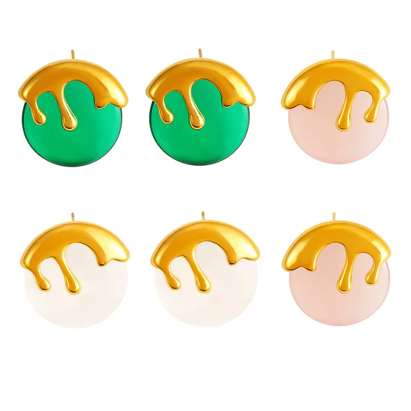 

Green Pink Resin Round Earrings Women's 316 Stainless Steel Gold Plated Vintage Studs Girls Trend Jewelry Accessories Gift