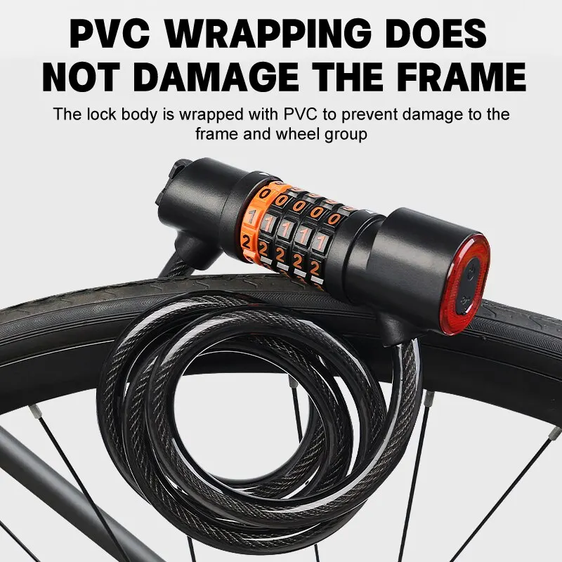 Bicycle Lock with Tail Light 5-Digit Security Password Bike Lock Steel Cable Chain Anti-theft Bicycle Bike Accessories