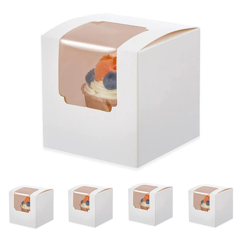 100Pcs White Cupcake Box Individual with Insert, Small Single Favor Pastry Treat Boxes with Clear Window