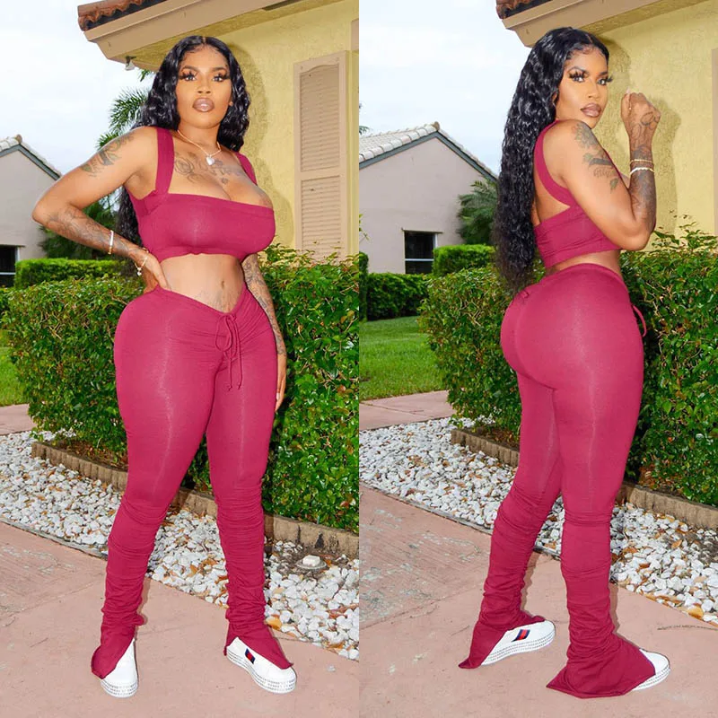 

Off Shoulder Sexy Bodycon Matching Sets Women Sleeveless Club Party Two Piece Outfits Bodycon Top And Stacked Pants Set