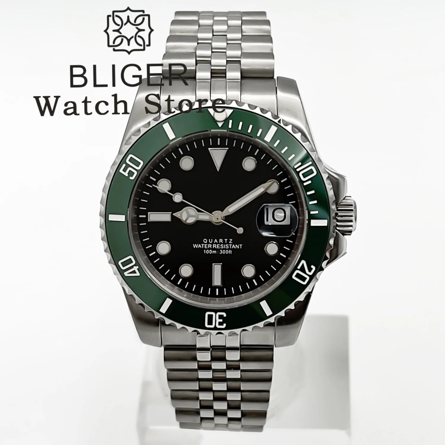 BLIGER Black Dial 40mm Ronda 515 Quartz Dive Watch Men 100M Waterproof Lume Sapphire  Date Stainless Steel Bracelet