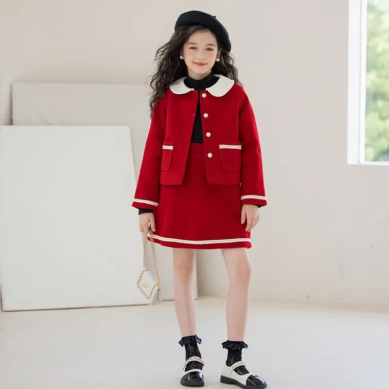 

Girls Oufits Set Autumn Winter Thick Warm Wool Jacket Skirt 2pcs Christmas Teen Children Clothes Fashion Red New Years Kids Set