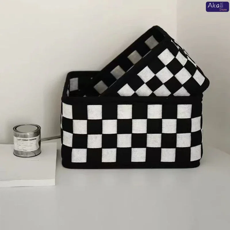 2026Black and White Checkered Storage Basket Desktop Cosmetics Storage Organizer Snack and Toy Storage Basket Home Decor view 2
