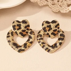 Stud Earrings For Women Double Heart Leopard Print Exaggerated Temperament Holiday Party Gift OL Fashion Jewelry DE101