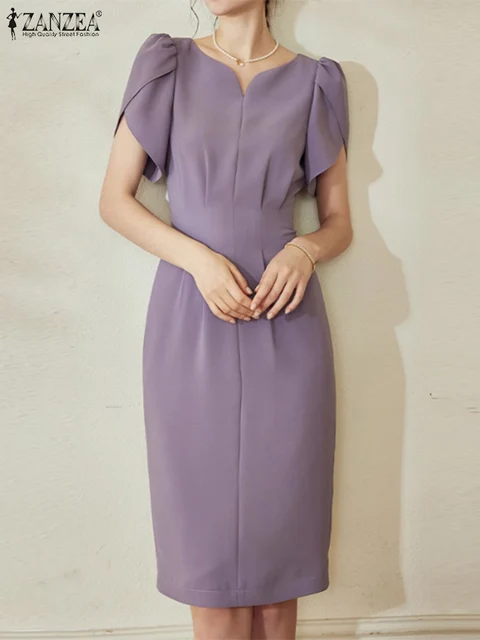 ZANZEA Elegancka sukienka imprezowa midi dla kobiet z krótkim rękawem i krótkim rękawem 2024 Vintage Wrap Vestidos Summer Sexy Waist V-neck Robe
