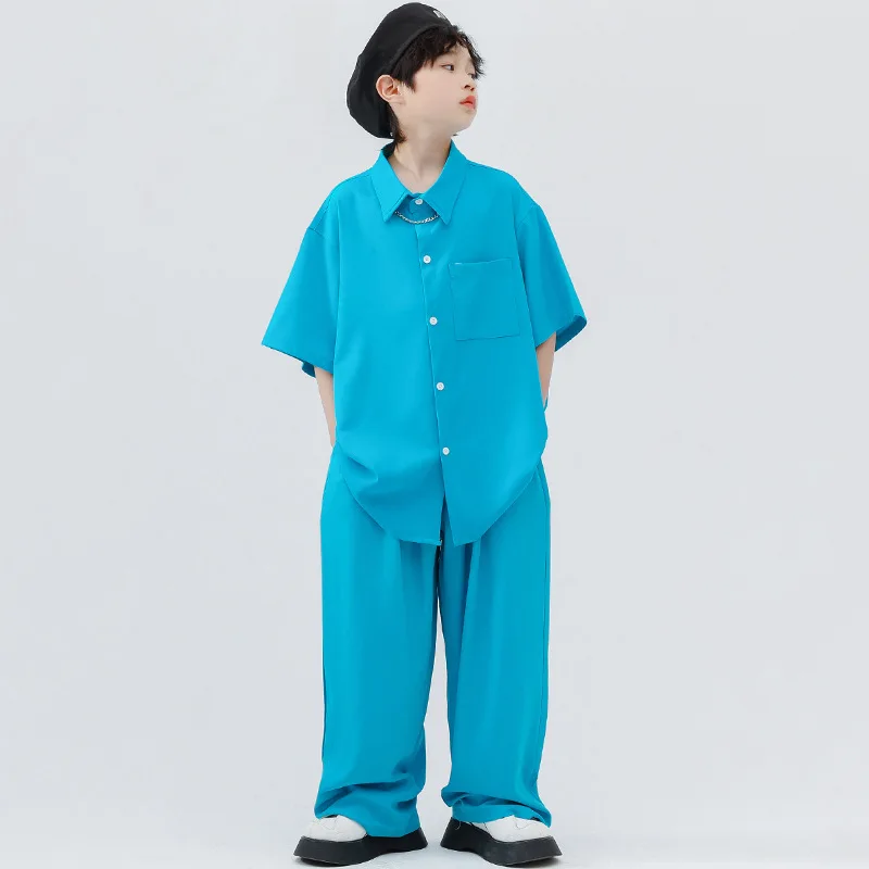 Kid Hip Hop Clothing Blue Oversized Short Sleeve Shirt Wide Casual Street Pleated Pants for Girl Boy Jazz Dance Costume Clothes