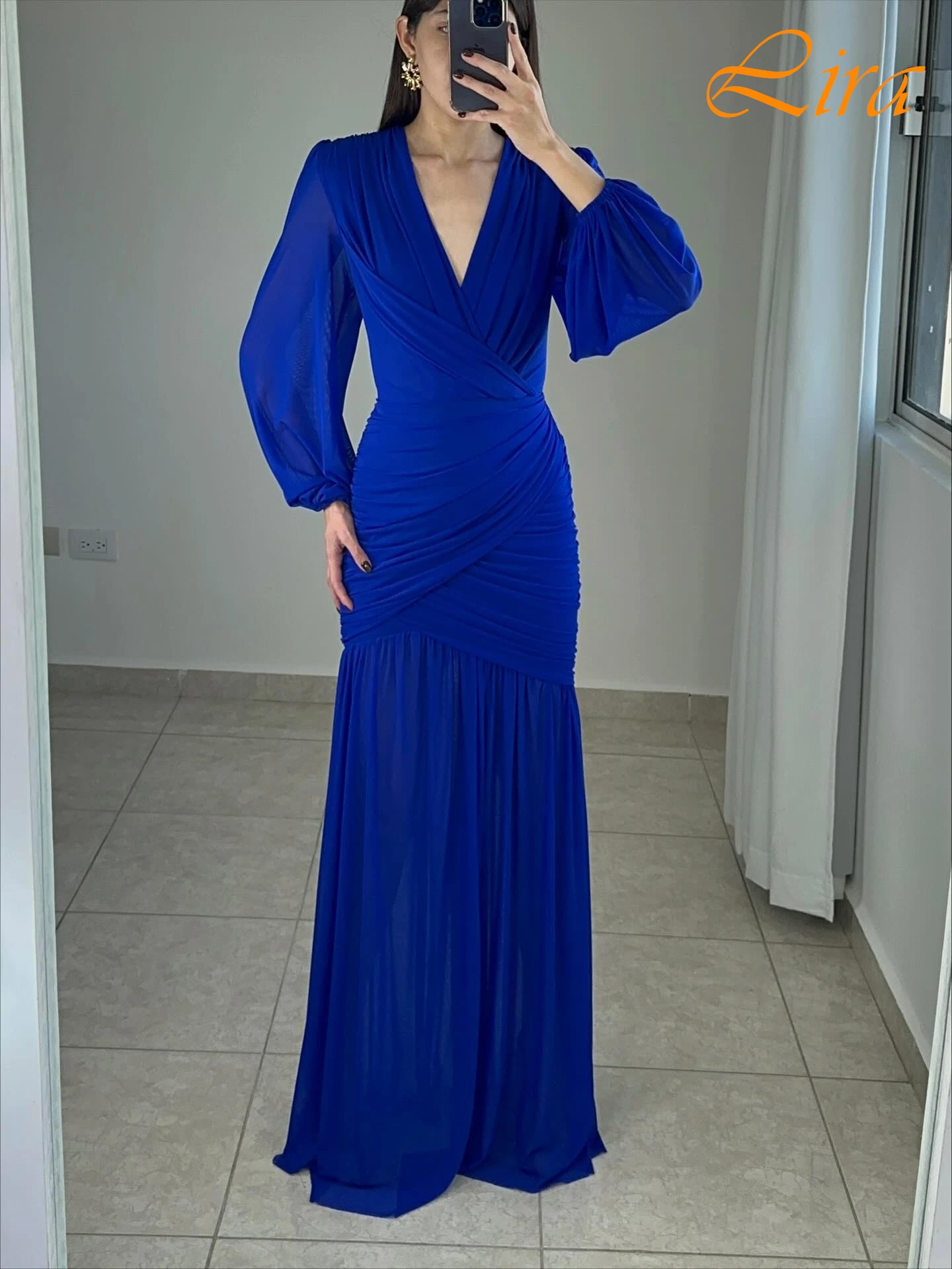 Customized Straight V-Neck Long Sleeves Elegant Temperament Evening Dress Delicate Bespoke Occasion Gowns Fashion Prom Dress