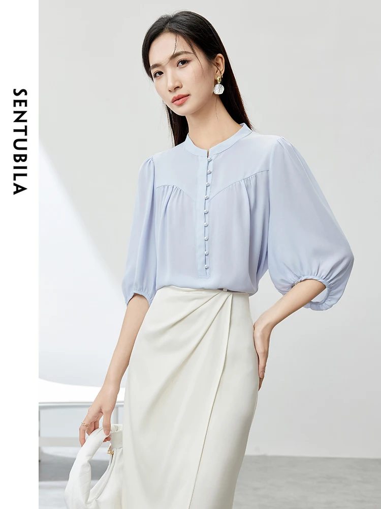 

SENTUBILA Blue Chiffon Shirt Female 2024 Summer Commuter Solid Lantern Sleeve Shirts & Blouses Elegant Womens Tops 142C53929X