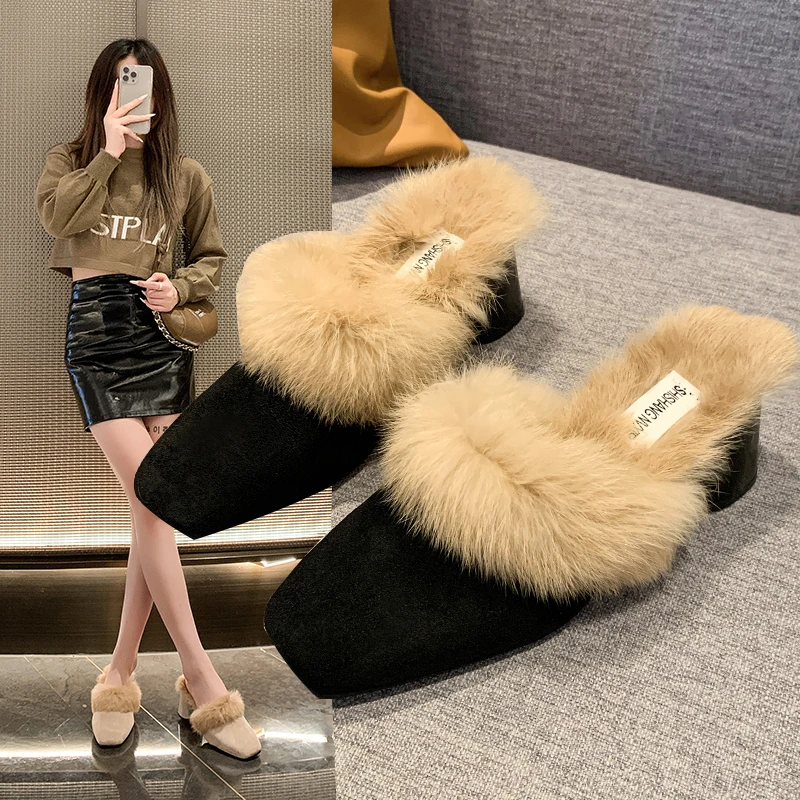 

Winter Velvet Slippers for Womens Designer Suede Baotou Slippers Chunky Heel Warm Casual Cotton Shoes for Womens Sandalias Mujer