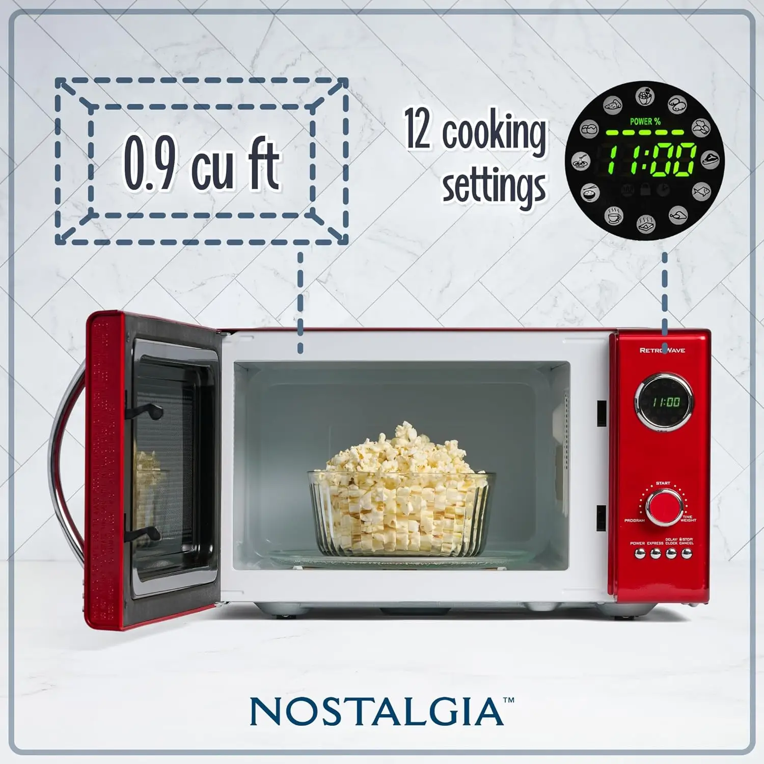 Nostalgia Retro Bucket Top Four à micro-ondes, Large 800 W, 0.9 Cu Federation, 12 réglages de cuisson pré-programmés, USA Metallic Red