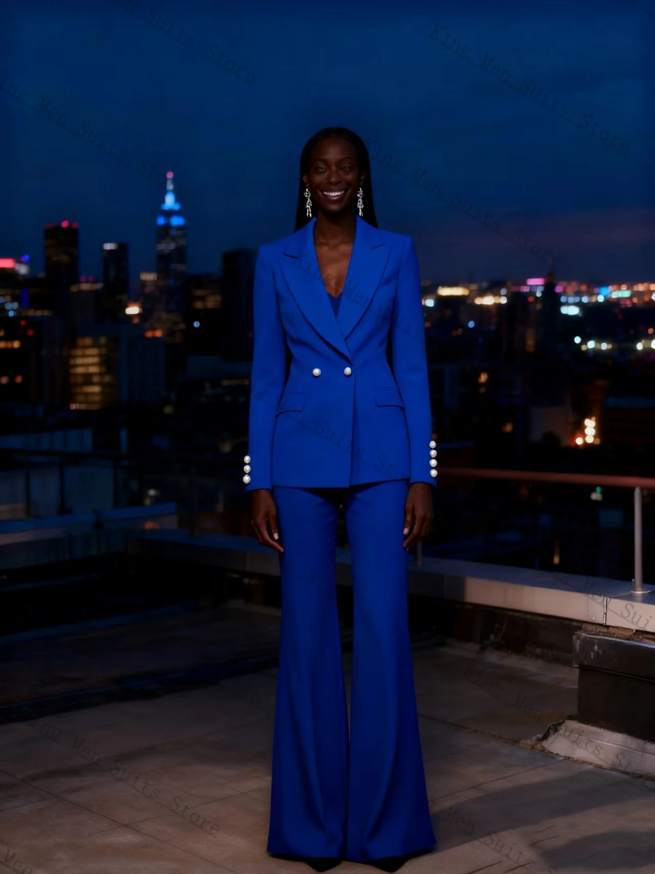 

Royal Blue Women Suit Set 2 Pcs Blazer+Flare Pants Spring Cotton Customized Formal Office Lady Wedding Tuxedos Coat Jacket