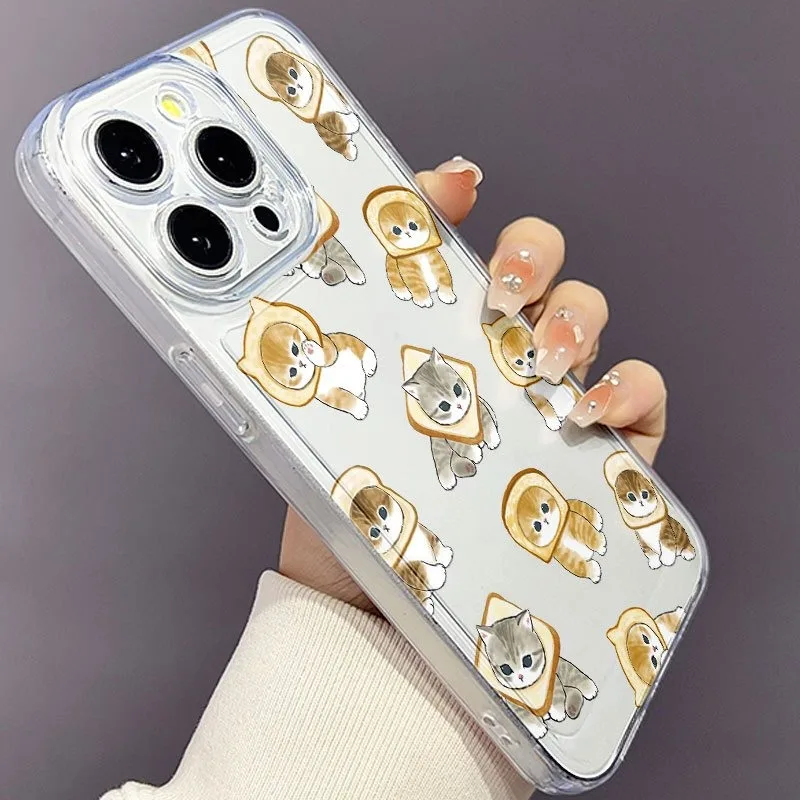 Una linda funda para teléfono espacial transparente con estampado de gato y pan, adecuada para teléfonos de la serie iPhone 17, 16, 15, Plus, Pro, Max: se puede utilizar como regalo
