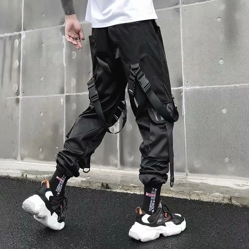 Klasik Streetwear Hip Hop JOGGER pria huruf pita kargo celana saku melacak Taktis kasual pria celana Sweatpant K102