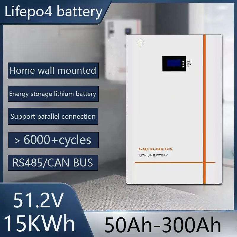 

Настенный аккумулятор Lifepo4 51,2 15 кВтч, 48 В, 50 Ач-300 Ач, 6000 циклов для 3 кВт, 5 кВт, 7 кВт, фотоэлектрическая бытовая базовая станция