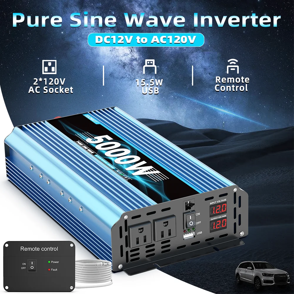 5000W Peak 2000W Pure Sine Wave Power Inverter 12V 24V DC to 110V/120V 2 AC Sockets Car Converter for Vehicles LED Screen Display, 2 AC Outlets, USB Charging Port, High Performance and Portable,Car Plug Adapter for Truck, Home, Camping, Laptop, Trip