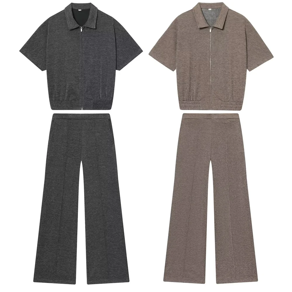 Winter New Women's Fashion Metal Zipper Decoration Flip Collar Short Sleeve Tank Top Mid Waist Soft Wide Leg Pants