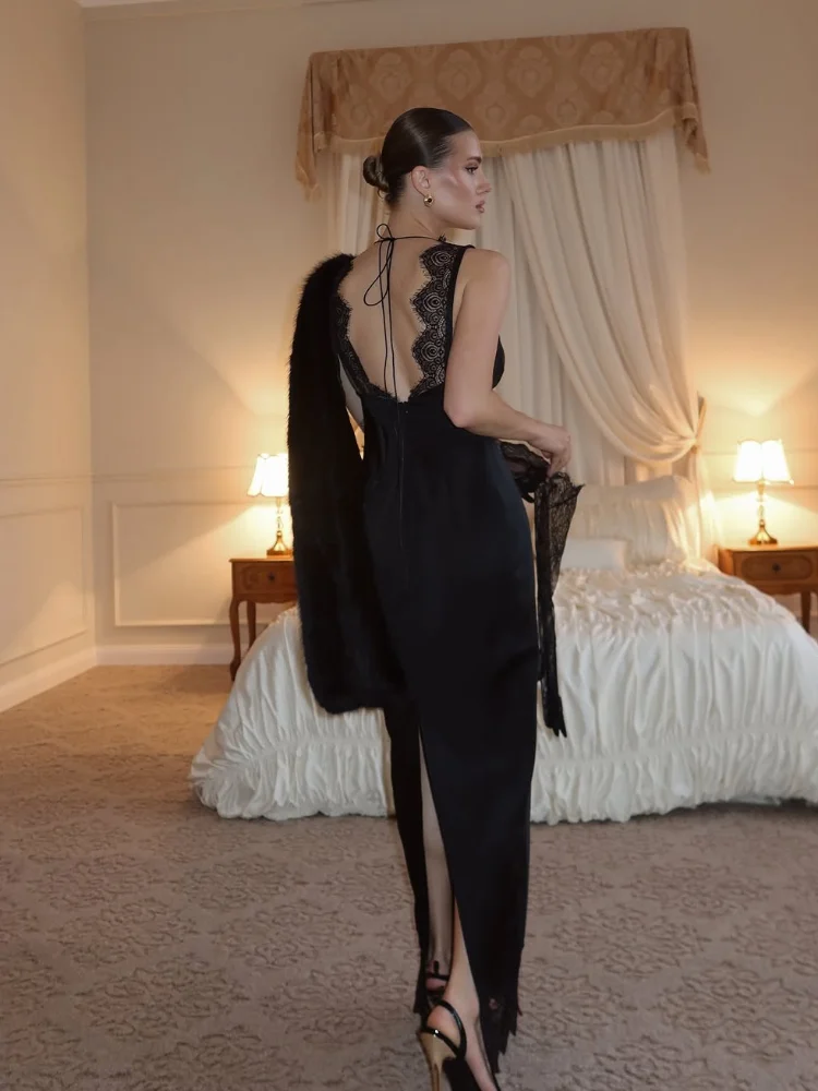 Abito sexy con fionda patchwork in pizzo nero Donna Chic scollo a V con spalle scoperte Abiti lunghi in raso sottile senza schienale Lady Evening Party Vestido