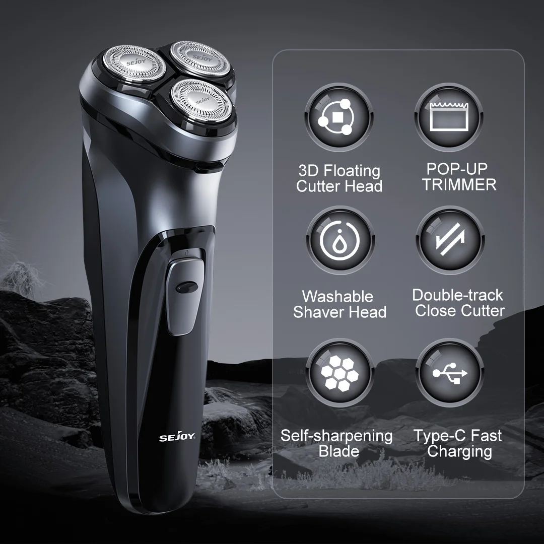 ماكينة حلاقة كهربائية دوارة من Sejoy للرجال من النوع C قابلة لإعادة الشحن ماكينة حلاقة اللحية للاستخدام الرطب والجاف ماكينة قص الشعر