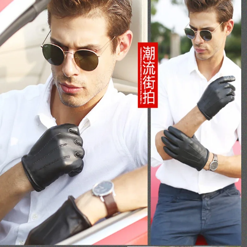 Male New Spring Winter Real Leather Short Thin/Thick Black sheepskin Glove Man Gym Luvas Car Driving Mittens Wrise