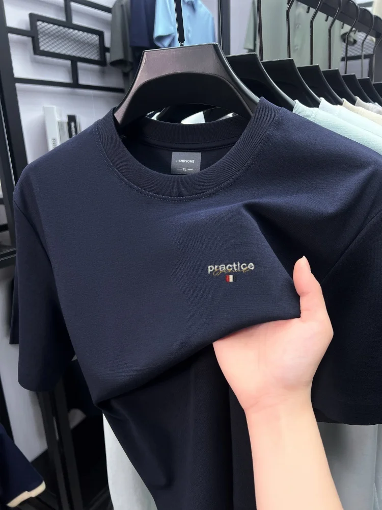 High end men's short sleeve T-shirt ice silk cotton fashion brand letter embroidery summer new casual breathable round neck top