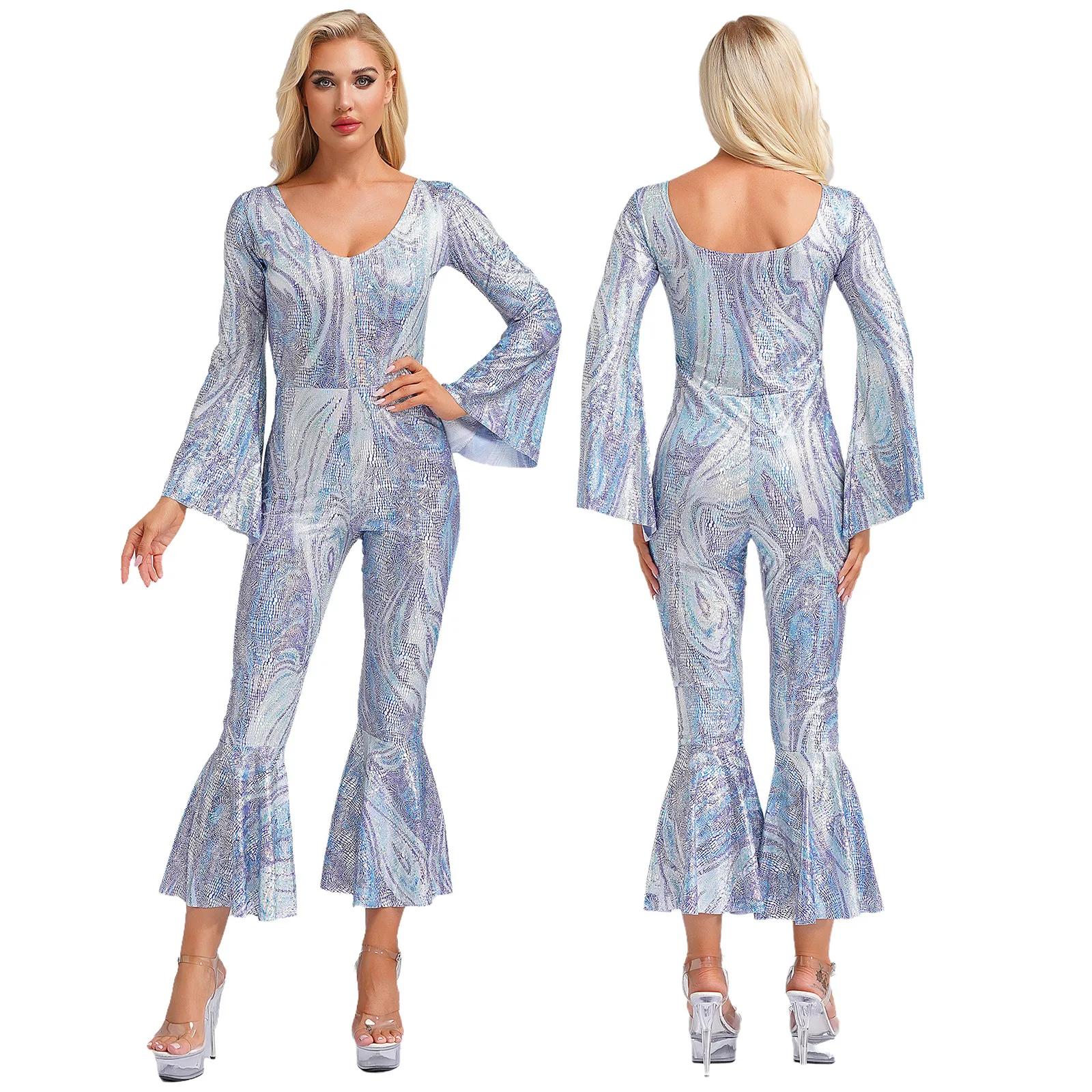 

Women Fashion Tie-dye Flare Jumpsuit Long Sleeve Colorful Flared Pants Suit for Disco Party Retro Prom Party Bar Dance Costume